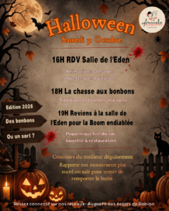 Affiche Halloween à Robion le 31 octobre 2026 avec jeux, chasse aux bonbons et boom