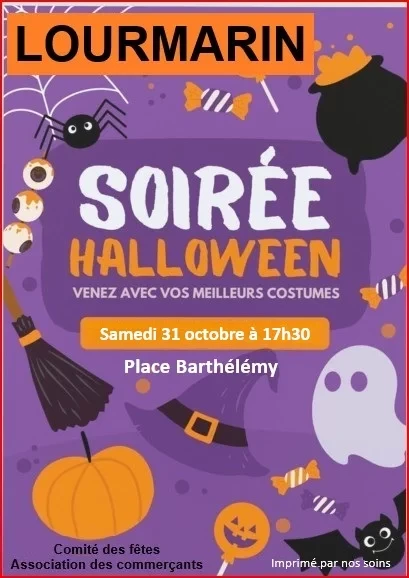 Soirée Halloween à Lourmarin le 31 octobre 2026 Affiche de la soirée Halloween à Lourmarin avec une chasse aux bonbons et des illustrations de fantômes et de citrouilles