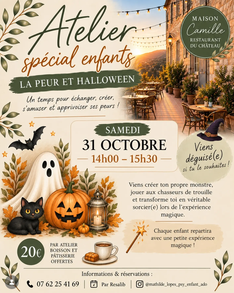 Atelier Halloween pour enfants chez Maison Camille à Lauris le 31 octobre 2026 Affiche de l'atelier Halloween pour enfants chez Maison Camille à Lauris, avec des citrouilles et des décorations d'Halloween
