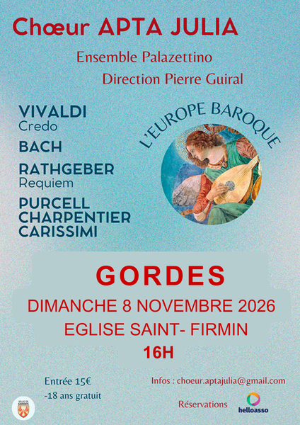 Concert L'Europe baroque à Gordes - Chœur Apta Julia Affiche du concert L'Europe baroque du Chœur Apta Julia à Gordes, avec une illustration d'ange musicien.