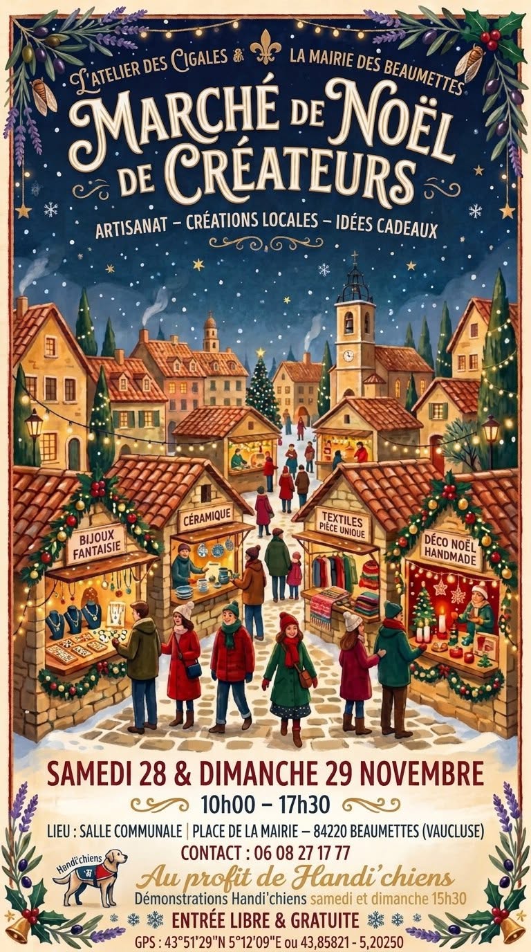 Marché de Noël des Créateurs aux Beaumettes - 28 et 29 novembre 2026 Affiche illustrée du Marché de Noël des Créateurs aux Beaumettes, représentant un village et des stands de Noël illuminés