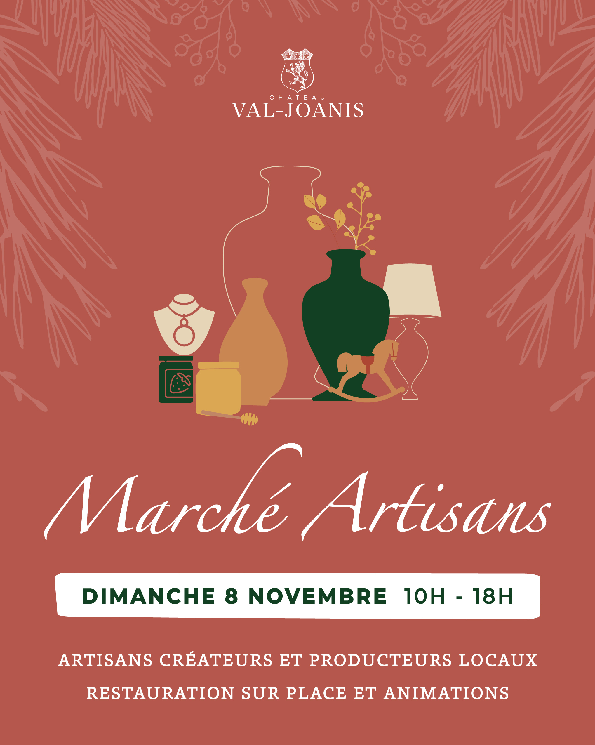 Marché des artisans au Château Val Joanis à Pertuis - 8 novembre 2026 Affiche du marché des artisans du Château Val Joanis, illustrée d'objets artisanaux et décoratifs sur fond terracotta
